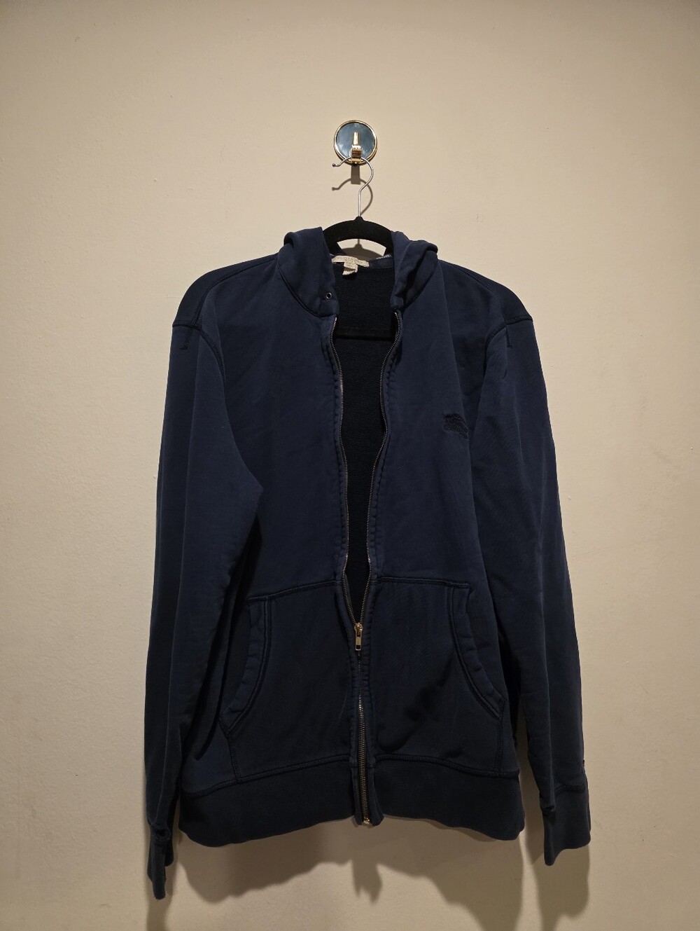 Authentic Burberry Vintage Men's Navy Zip-Up Hoodie Sweatshirt Xxl